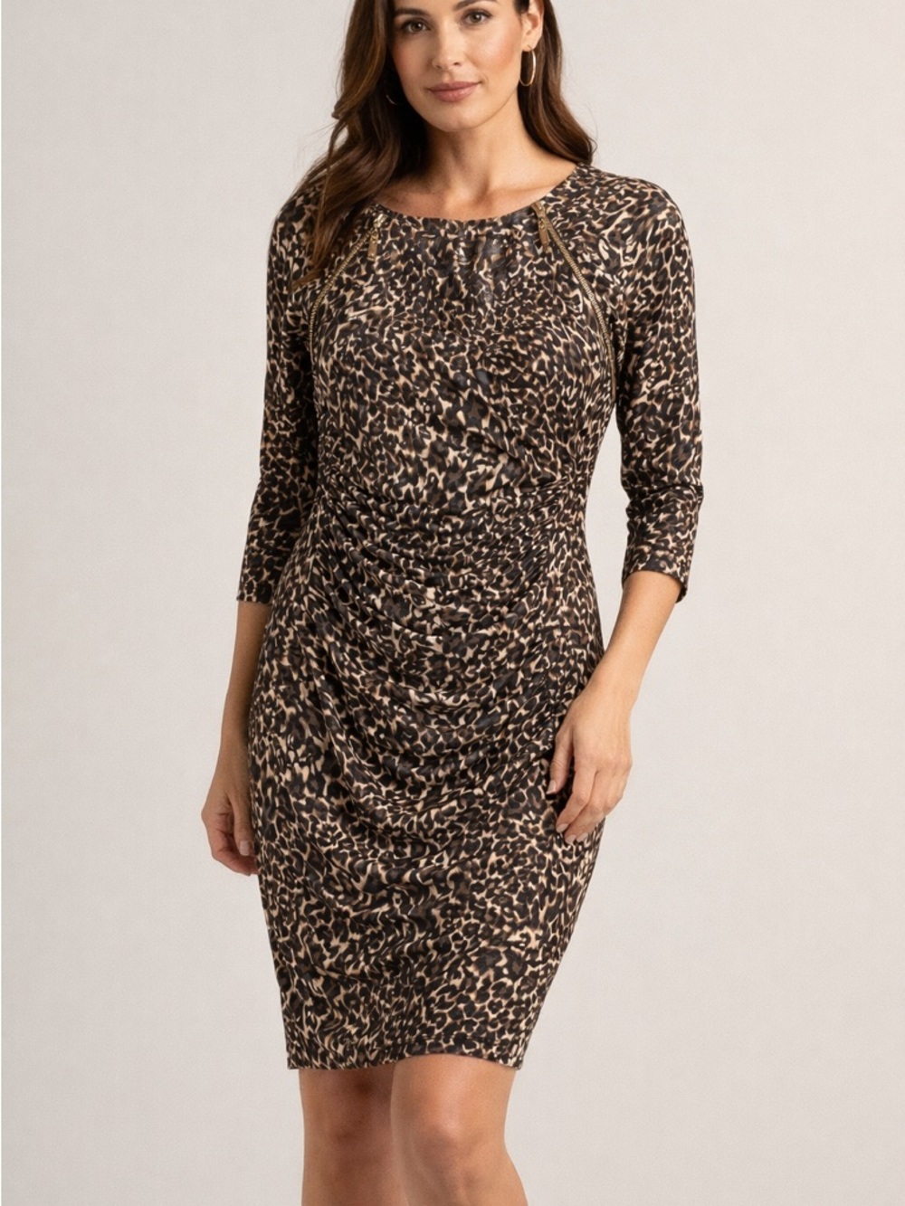 Joseph Ribkoff Leopard Print Ruched Dress Animal Print Zip Detail Bodycon. Sz 6